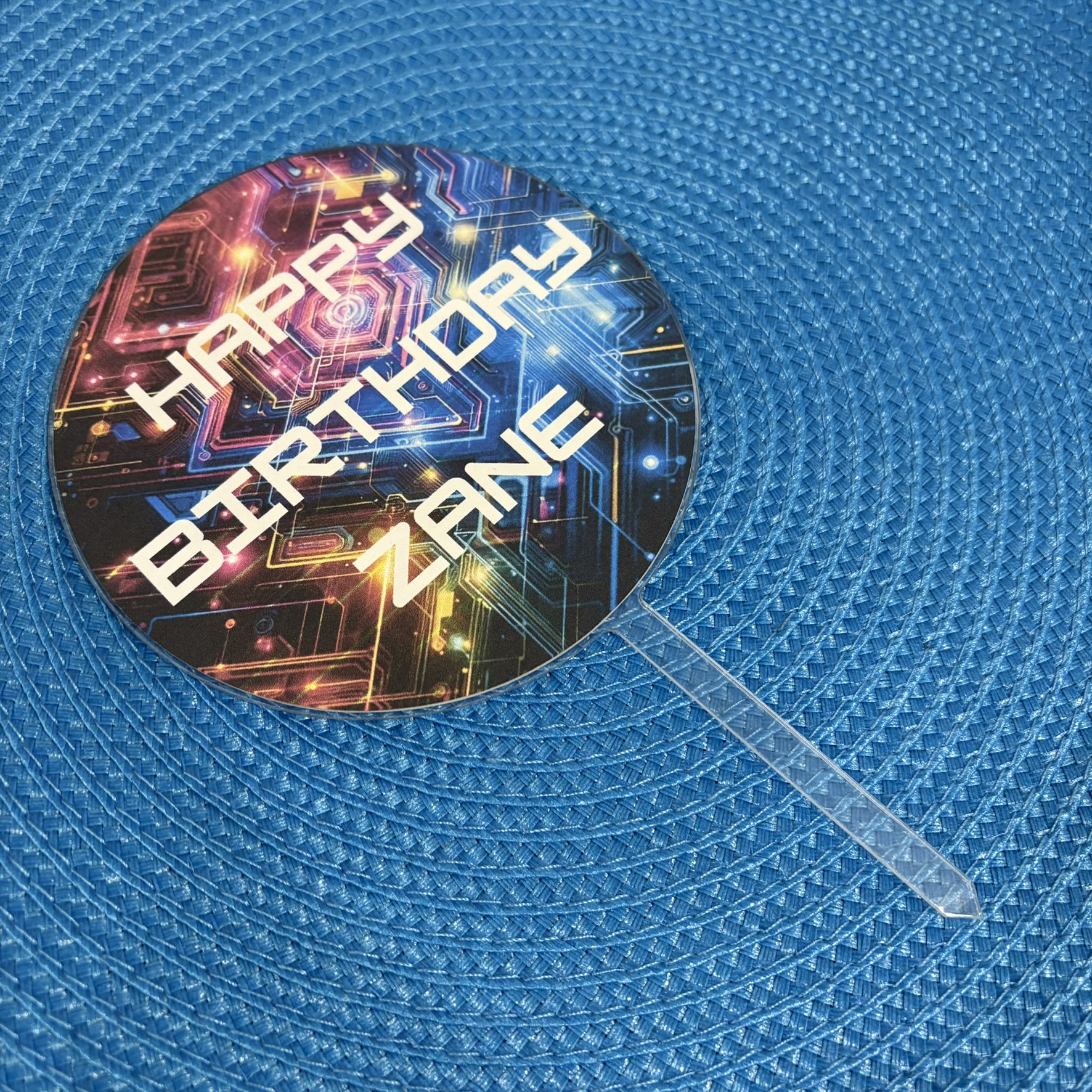 Custom Name Happy Birthday Round Acrylic Cake Topper – Computer Code Themed Birthday Party Decoration