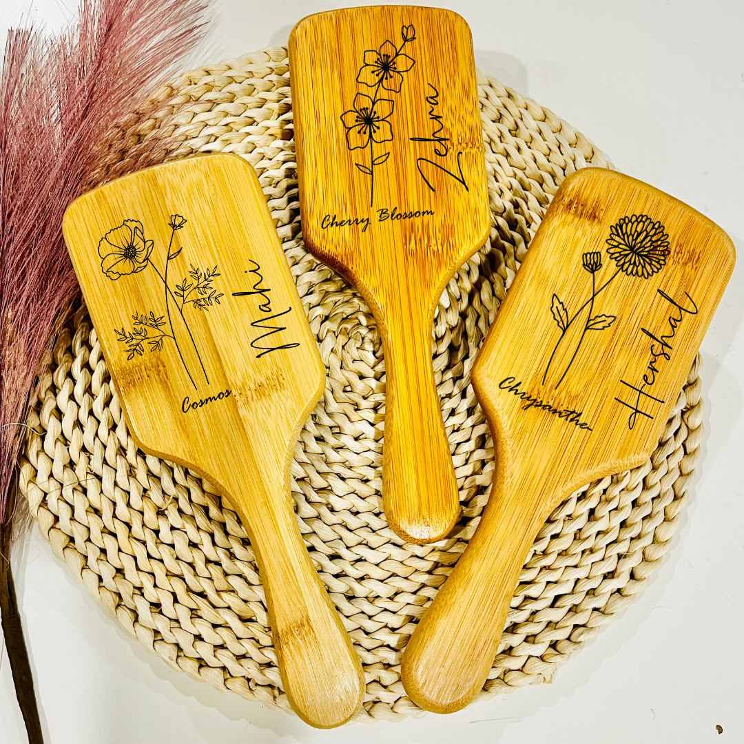 Custom Birth flower Bamboo Paddle Hair Brush