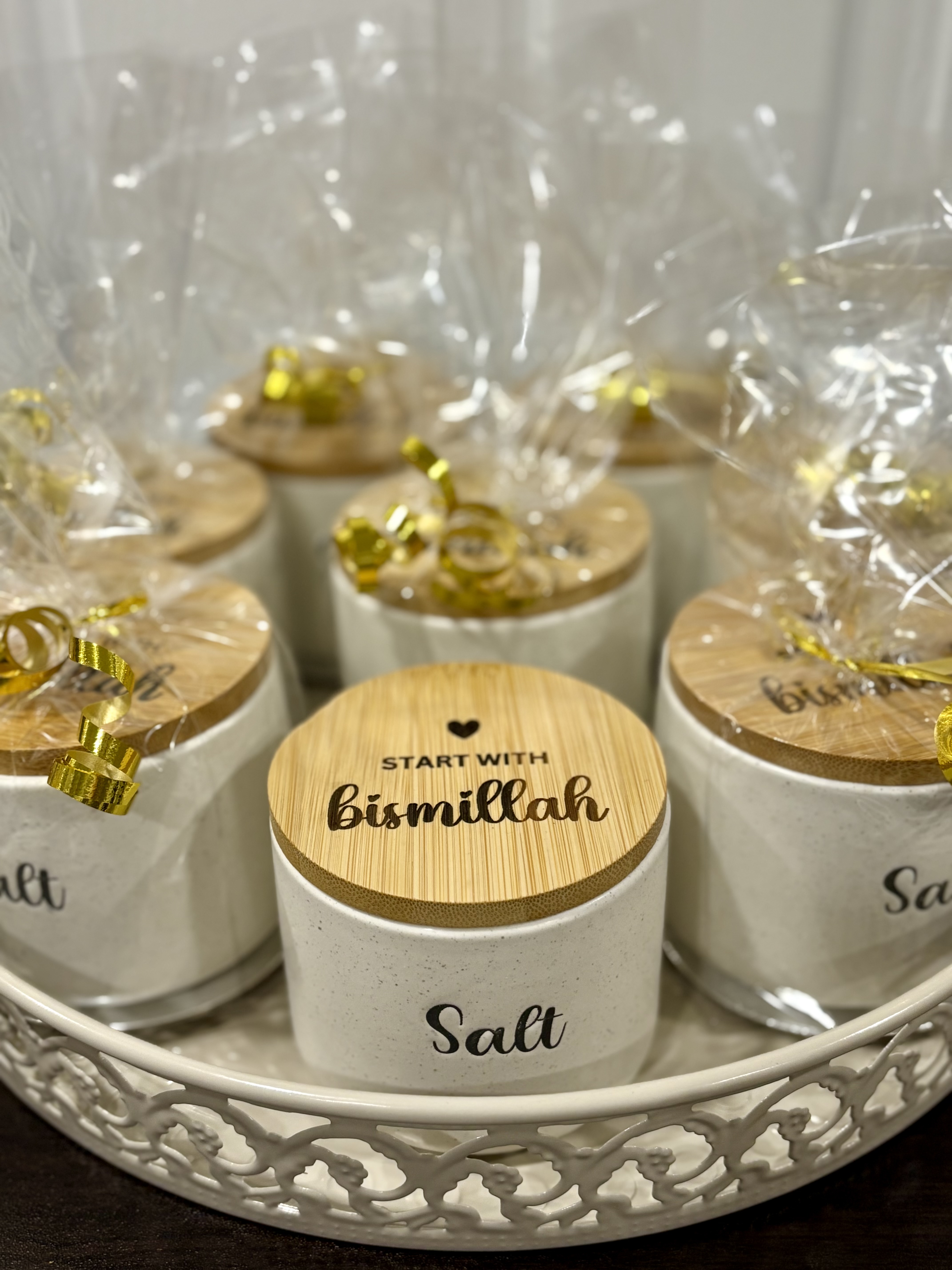 Start with Bismillah Ceramic Salt Jar with Engraved Bamboo Lid – Islamic Kitchen Decor