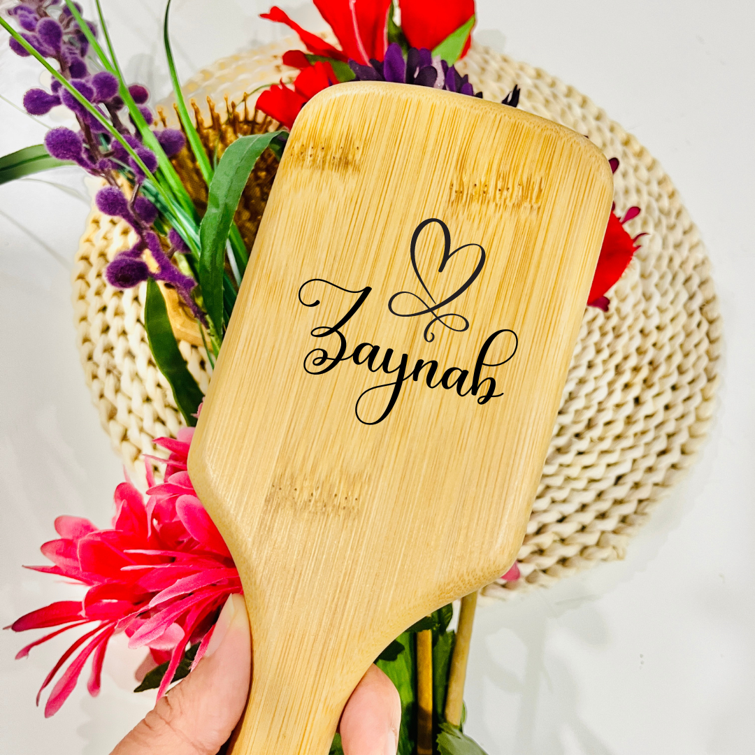 Custom Engraved Heart Name Paddle Bamboo Hair Brush