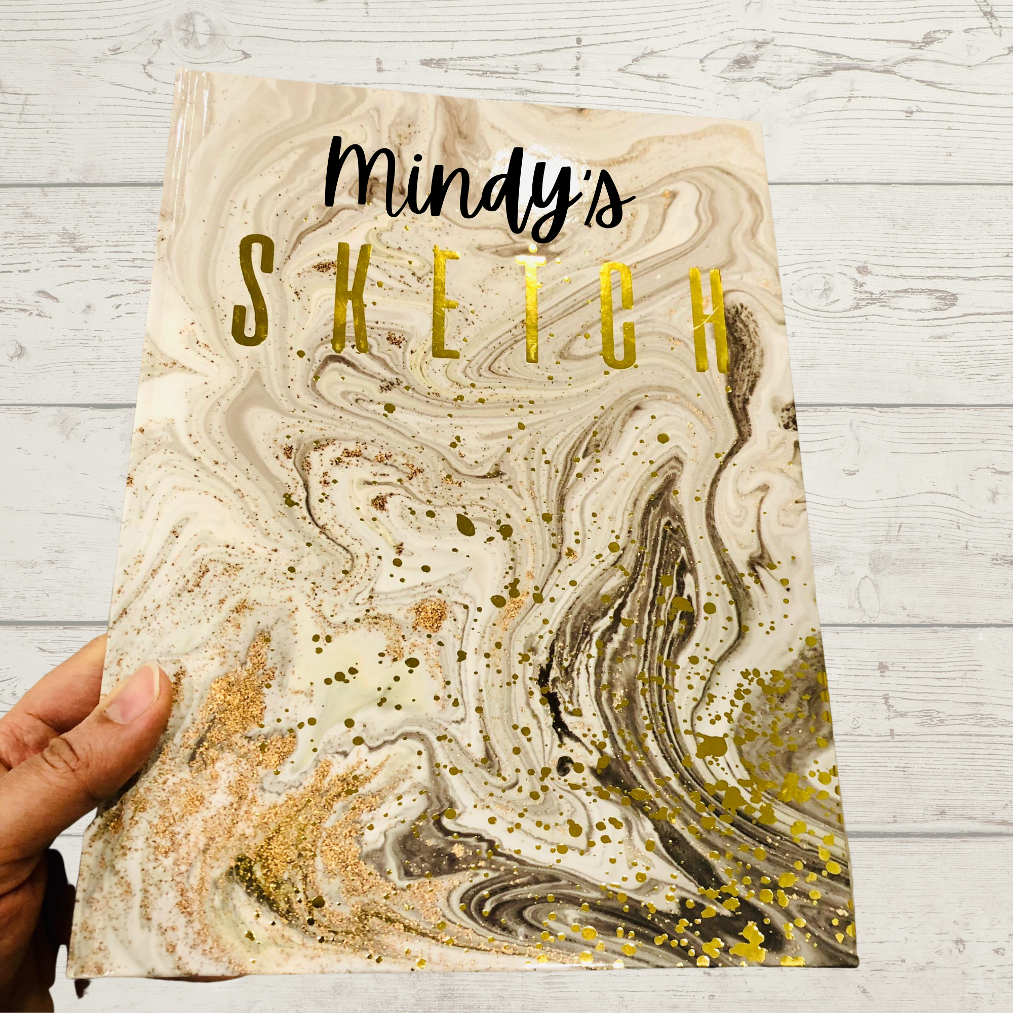 Personalized Cream and Gold Sketchbook, Gold Embossed Drawing Book, Custom Name Vinyl Decal Doodle Book, Personalised Journal Book for her