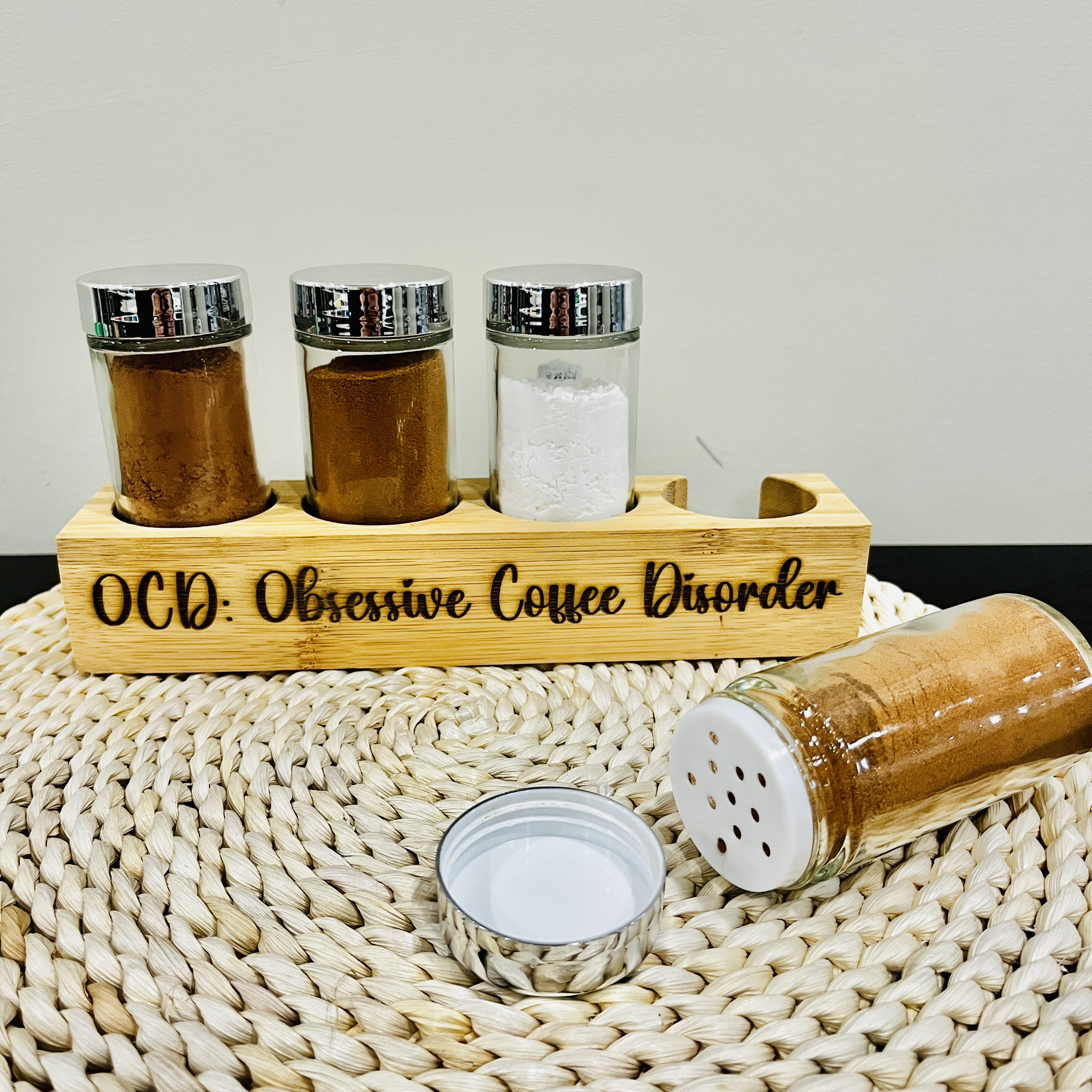 Engraved Coffee Condiment Jar Set, Obsessive Coffee Disorder OCD
