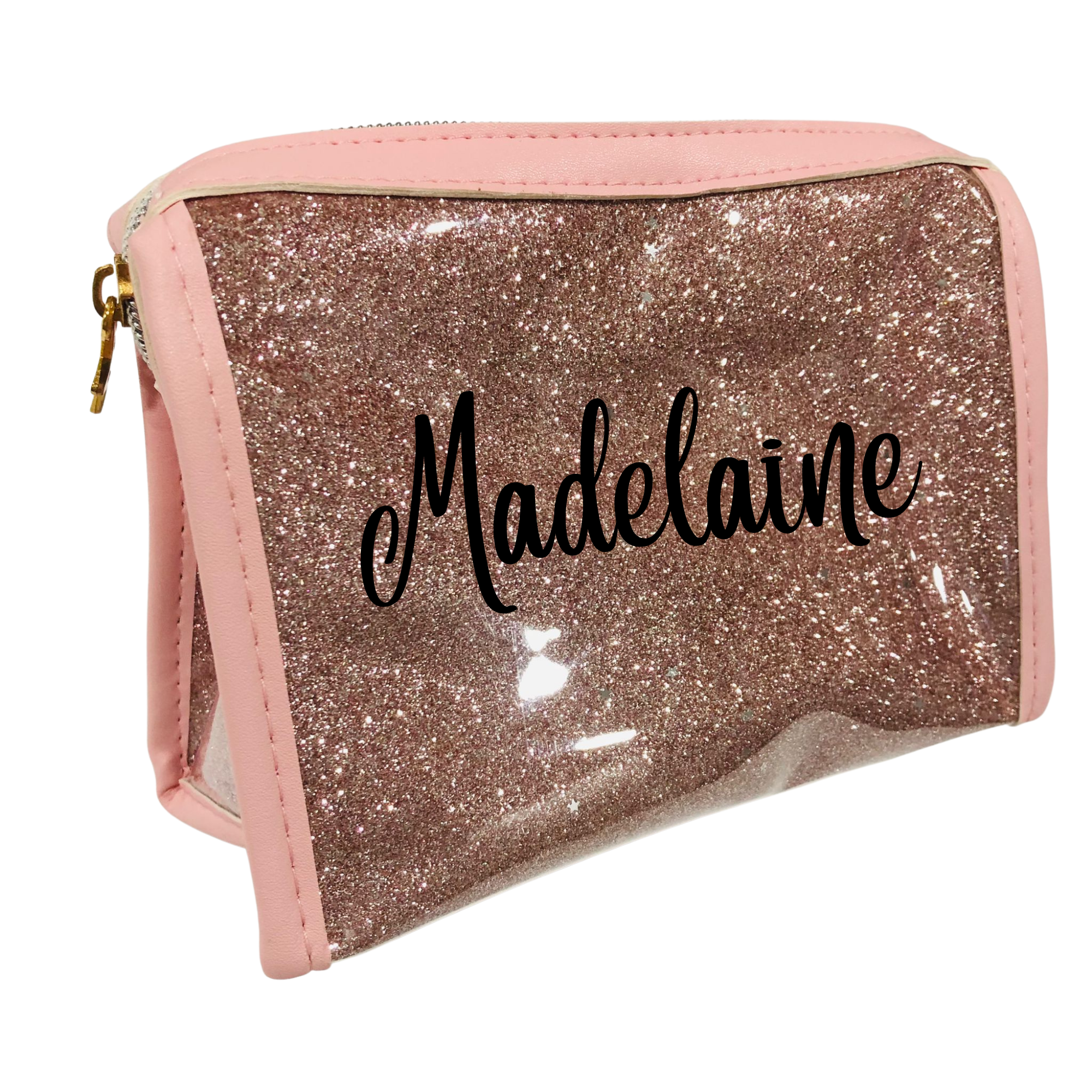 Personalized Makeup Bag, Bridesmaid Gift, Custom Pink Glitter Pouch for Friend, Personalised cosmetic zipper bag, Valentines Gift for her