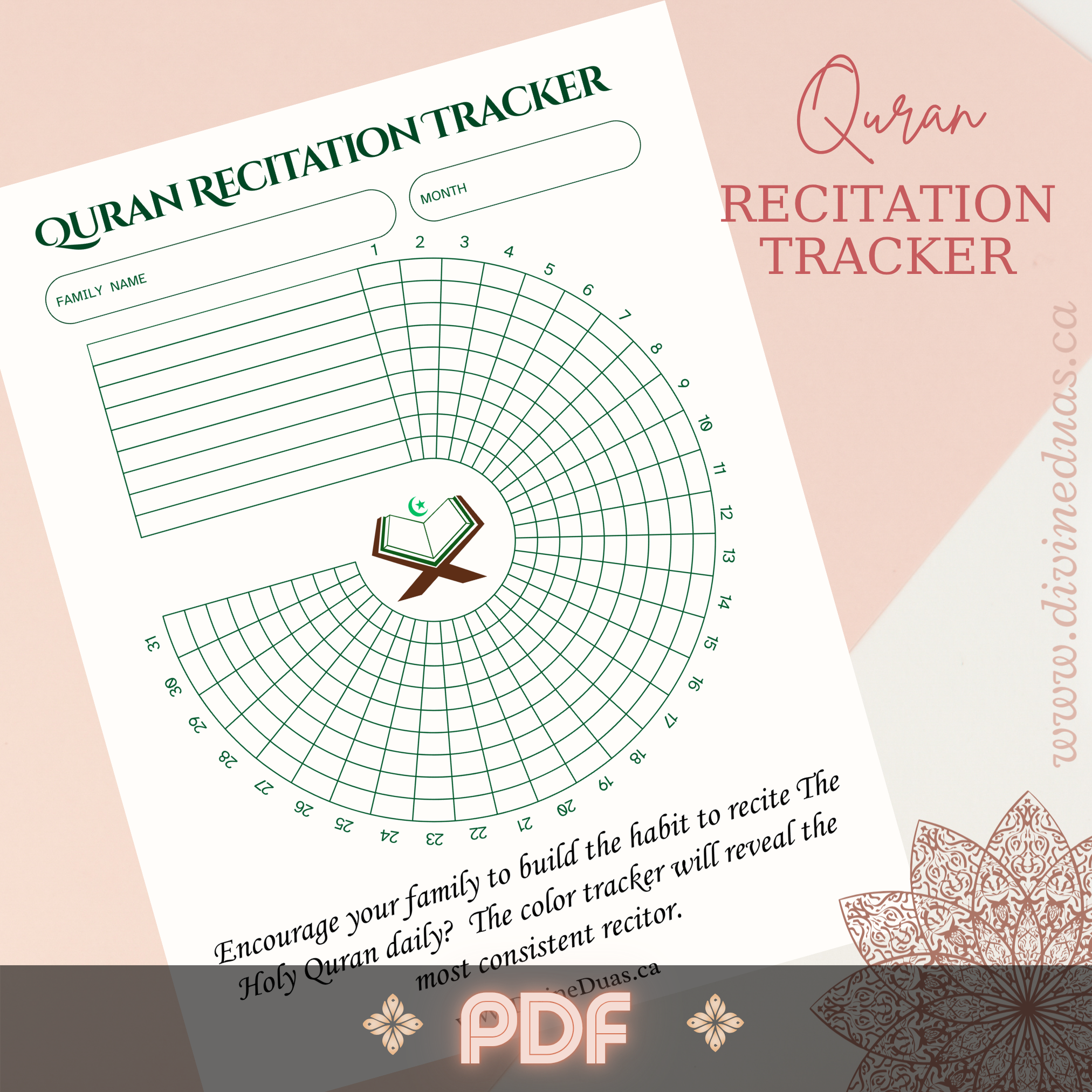 Monthly Quran Recitation Tracker Printable PDF, Family Quran Tracker, Islamic Habit Tracker, Ramadan Planner, Daily Quran Log
