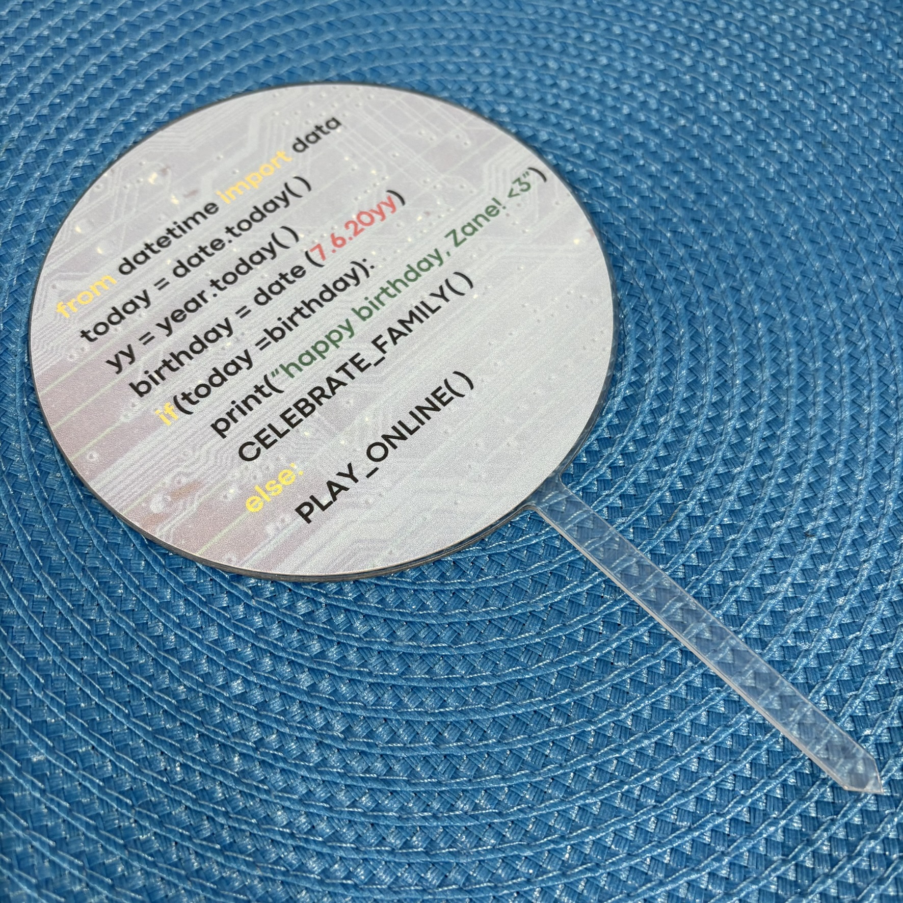 Custom Name Happy Birthday Round Acrylic Cake Topper – Computer Code Themed Birthday Party Decoration