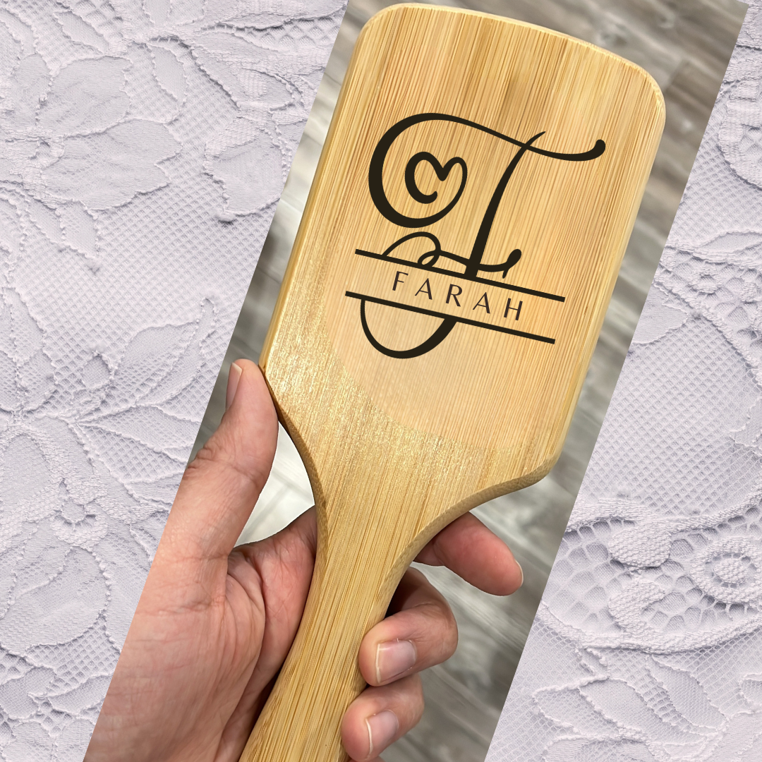 Custom Engraved Heart Monogram Name Paddle Bamboo Hair Brush