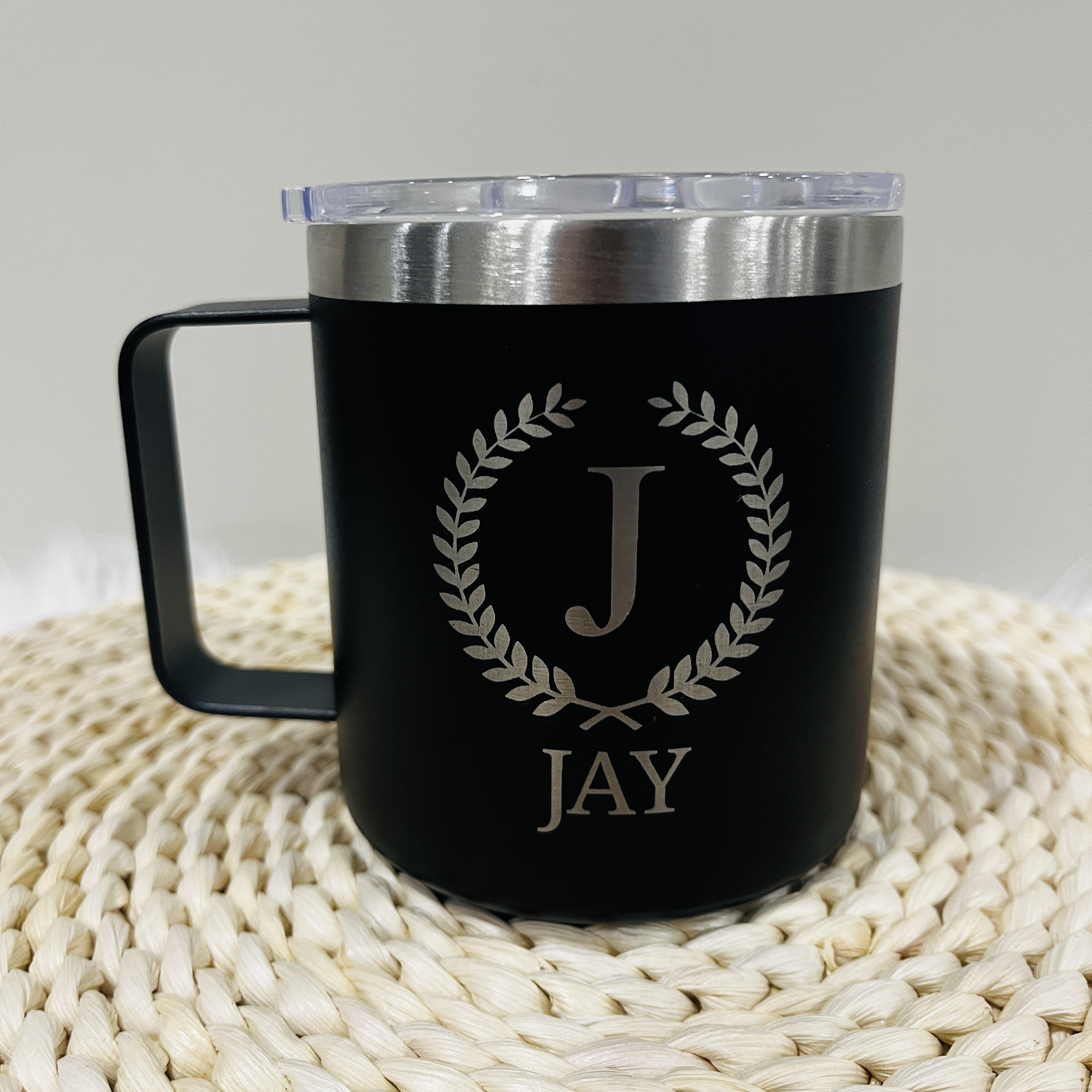Custom Engraved Tumbler with Wreath Monogram and Name