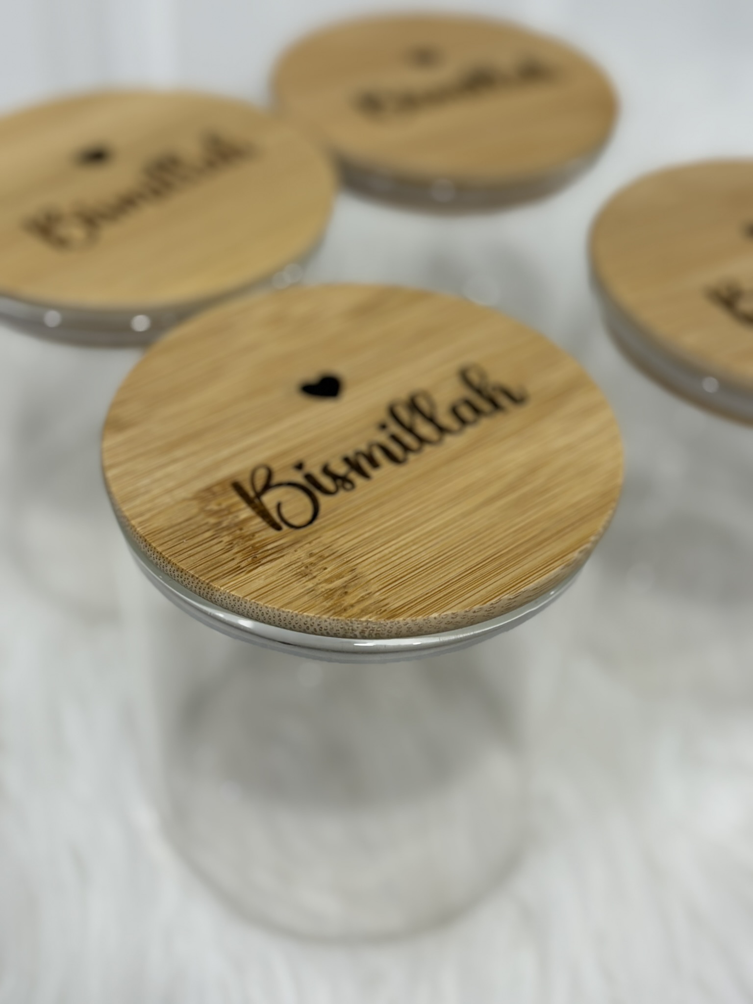 Bismillah Engraved Bamboo Lid Glass Jar – Islamic Storage Jar with Wooden Lid – Muslim Home Decor Gift – Ramadan & Eid Favor Container