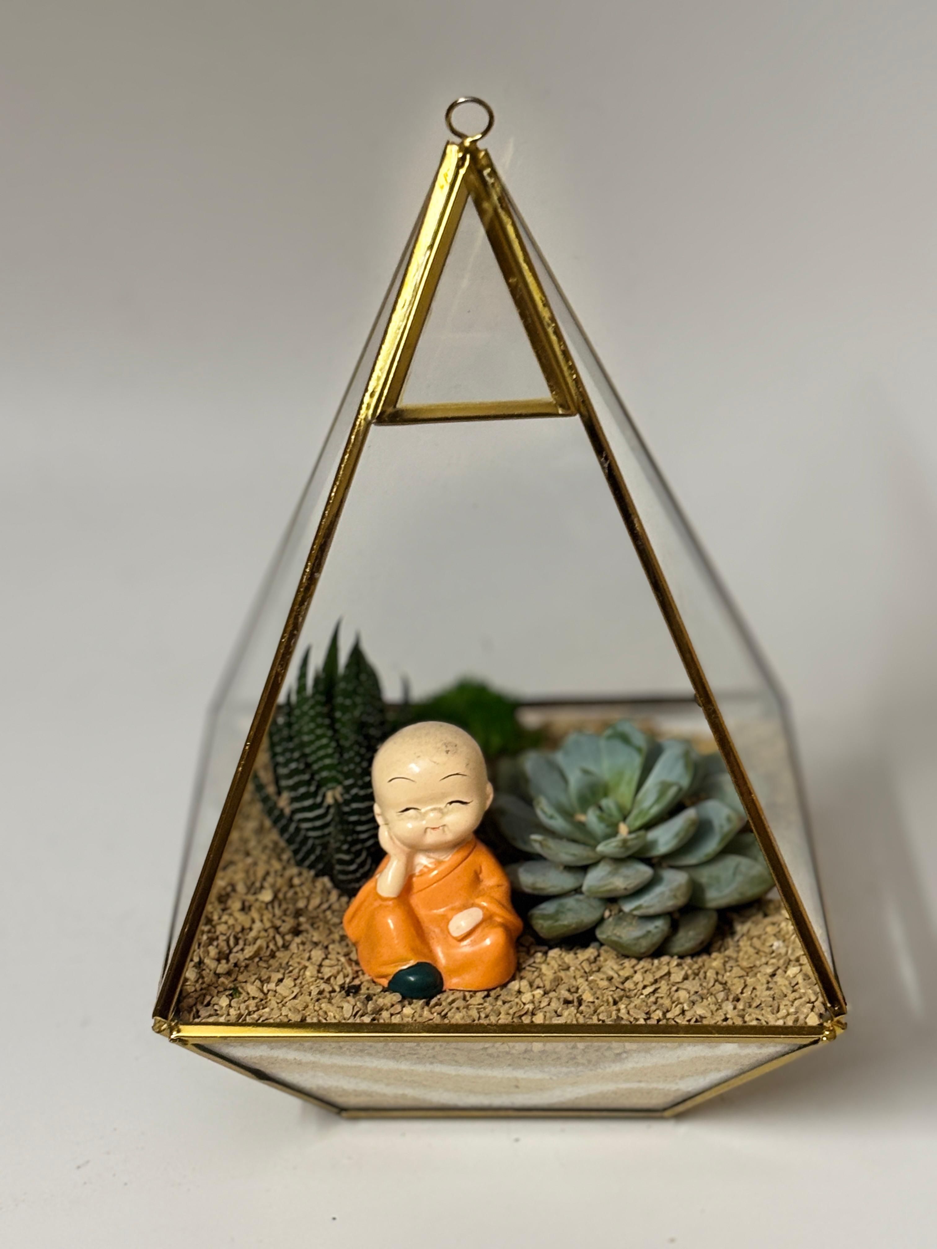 Geometric Glass Terrarium with Succulents and Monk Figurine