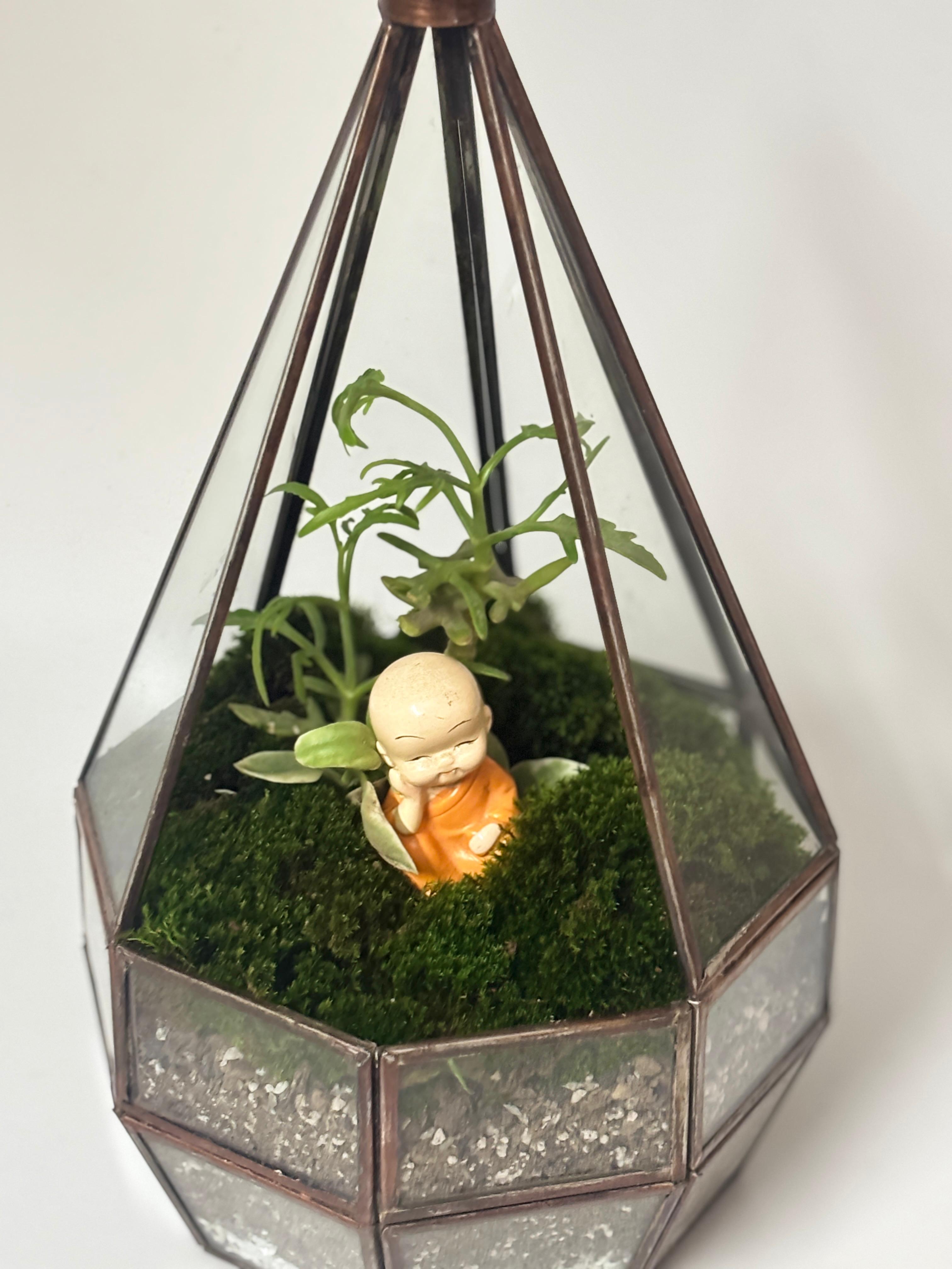 Geometric Glass Terrarium with Mini Monk Decor