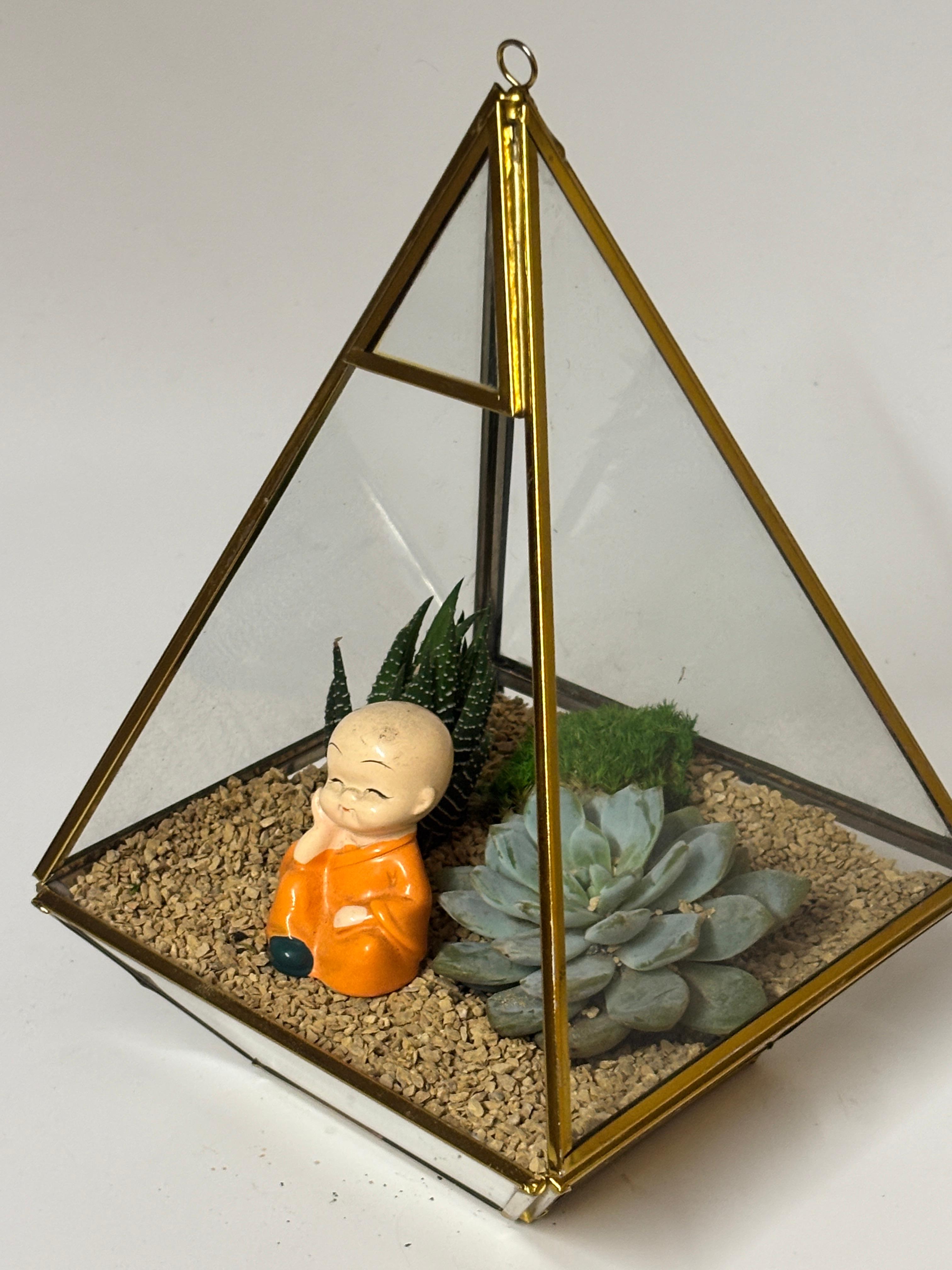 Geometric Glass Terrarium with Succulents and Monk Figurine