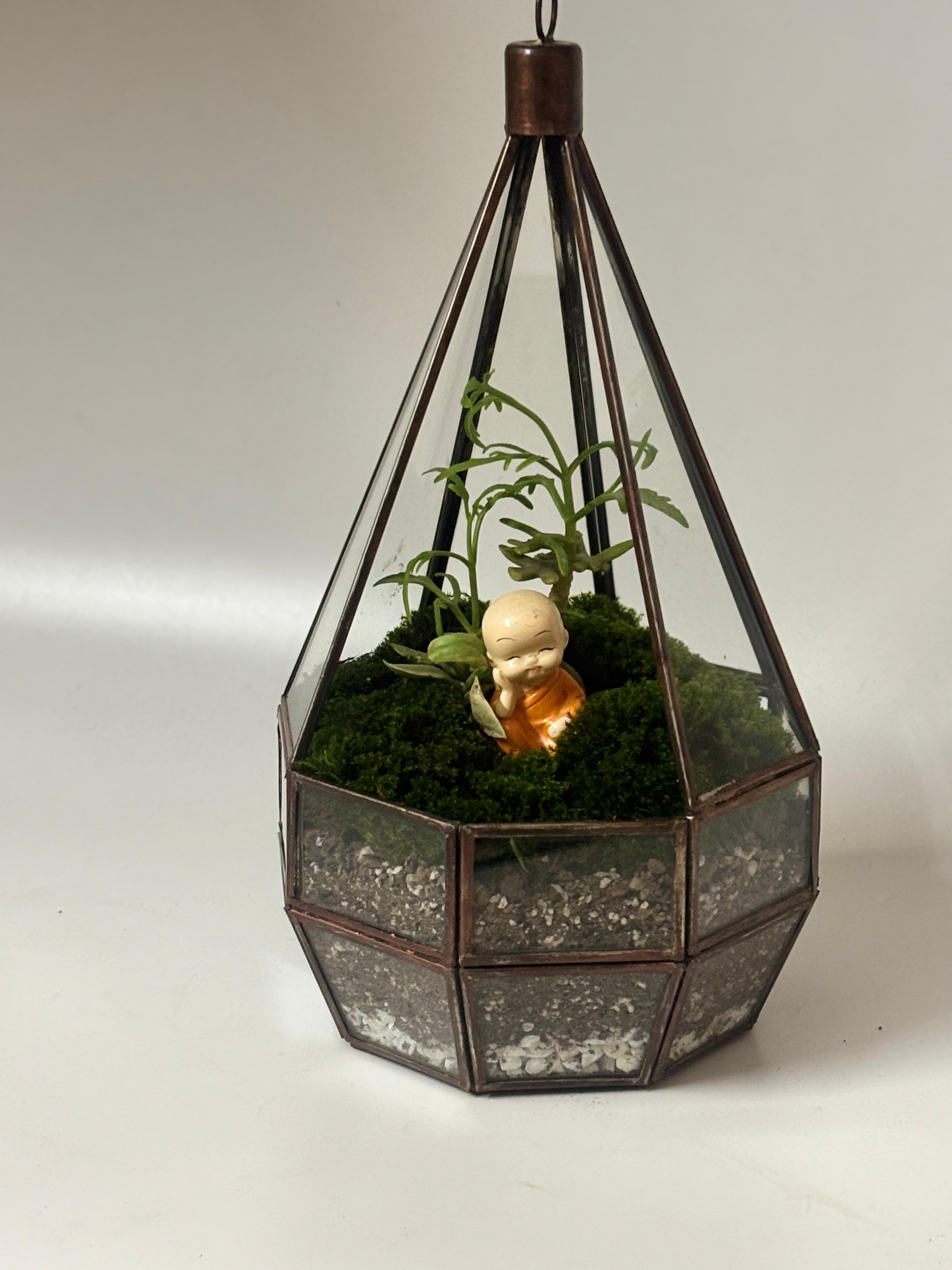 Geometric Glass Terrarium with Mini Monk Decor