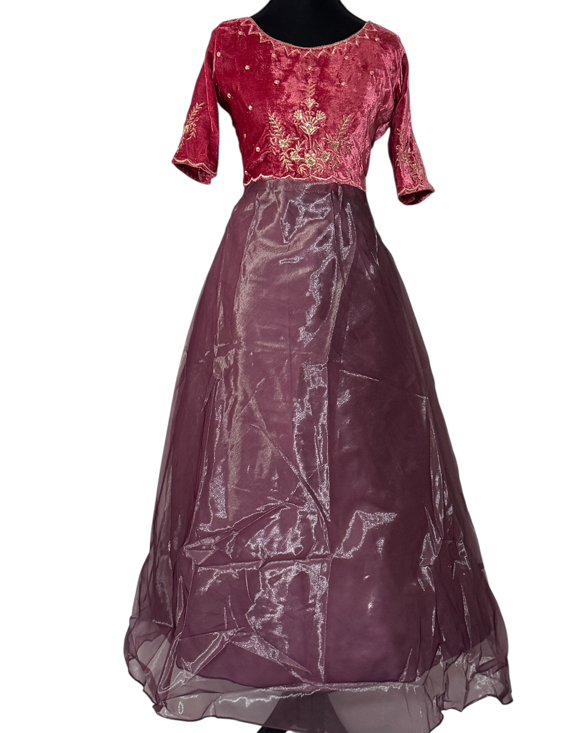 Elegant Maroon velvet yoke Gown