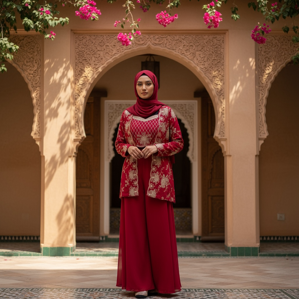 Elegant Red Traditional Abaya Set