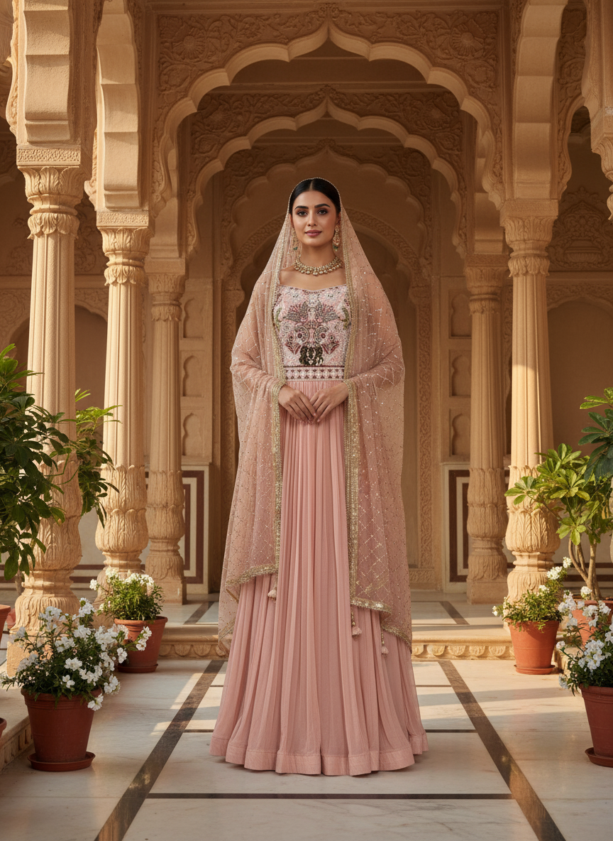 Embroidered Peach Crop top Set