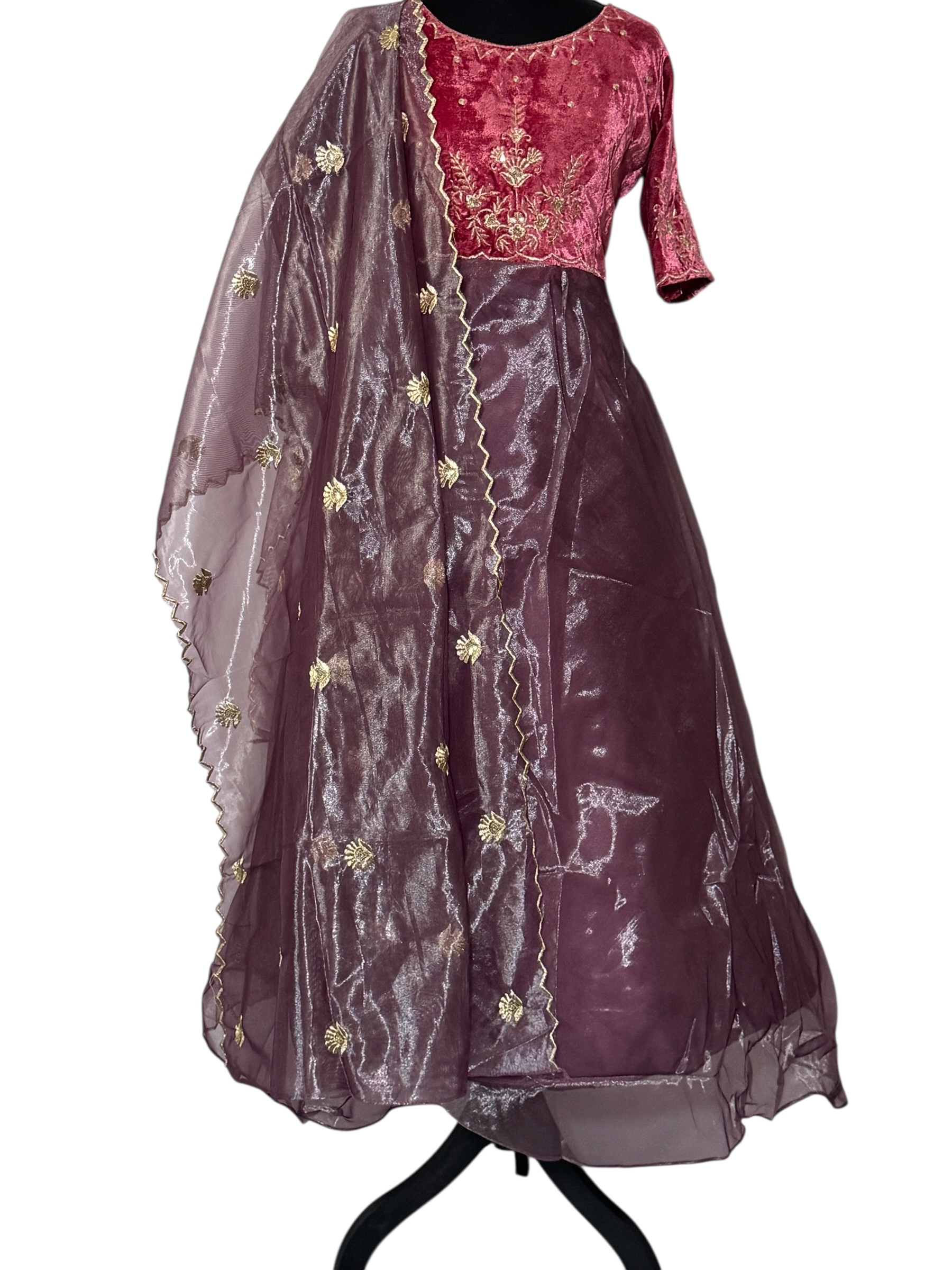 Elegant Maroon velvet yoke Gown