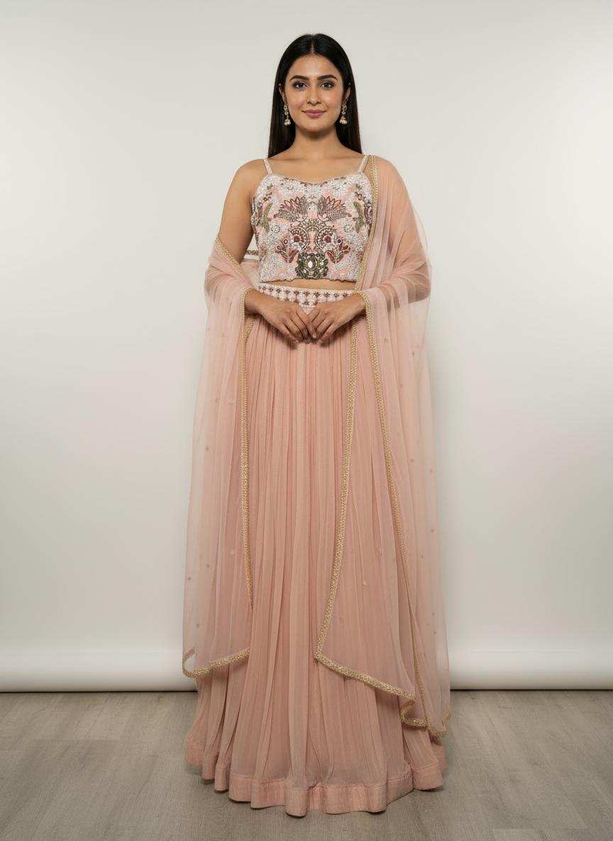Embroidered Peach Crop top Set