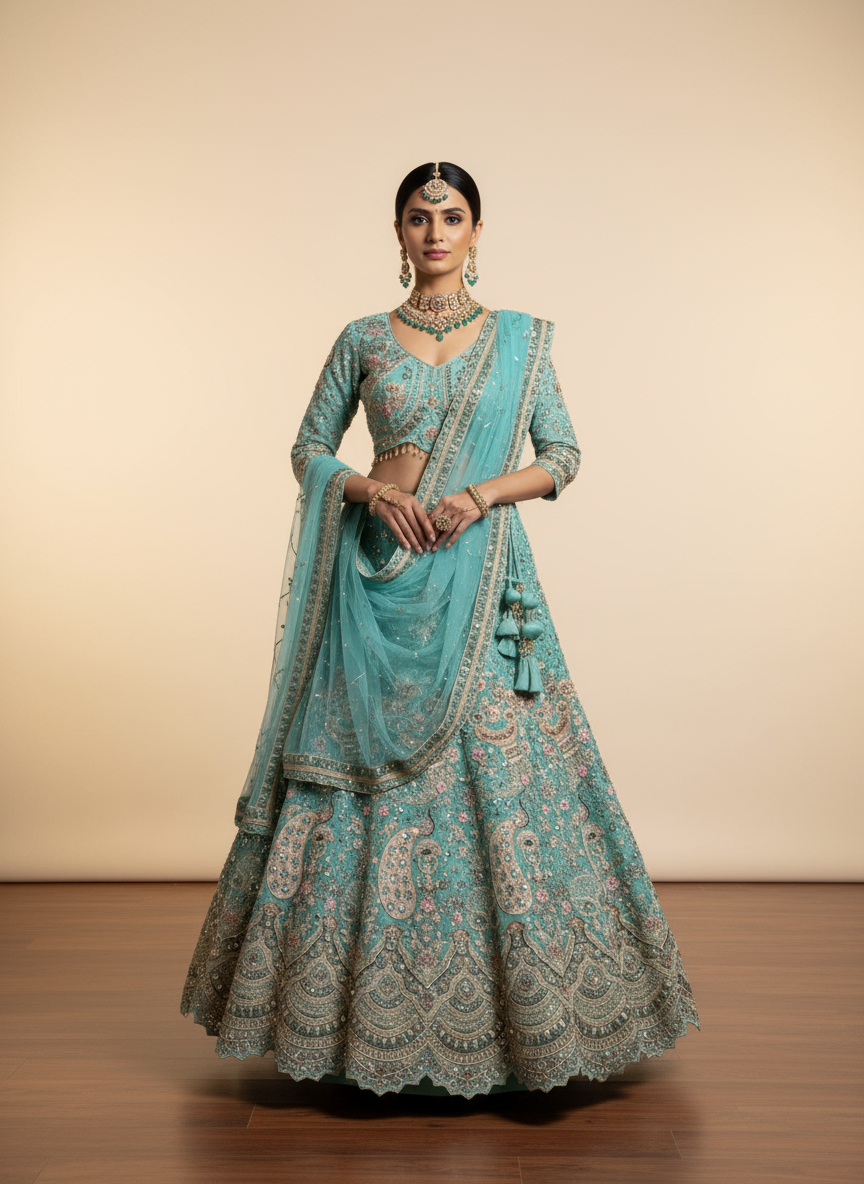 Embroidered Teal Bridal Lehenga