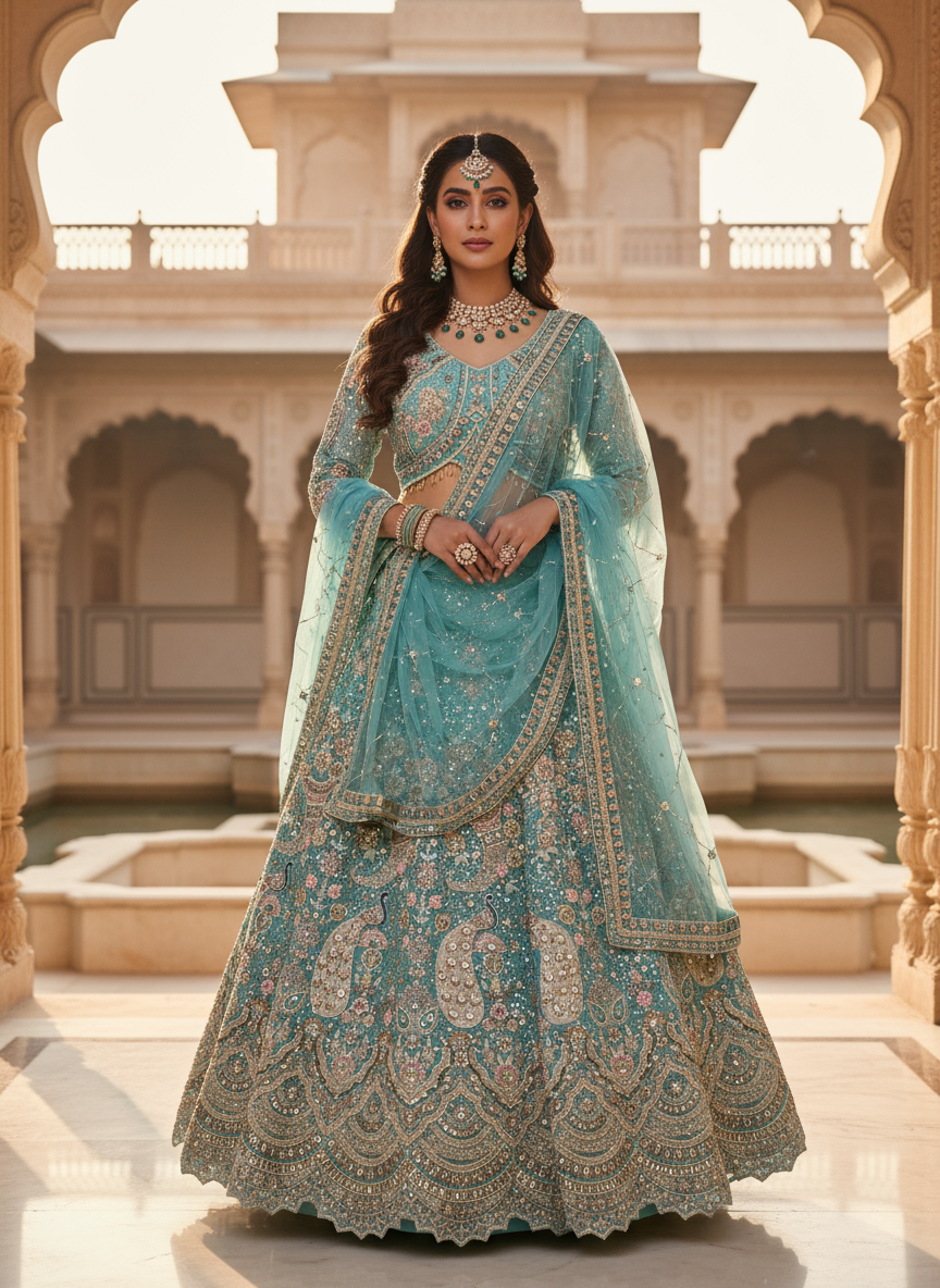 Embroidered Teal Bridal Lehenga