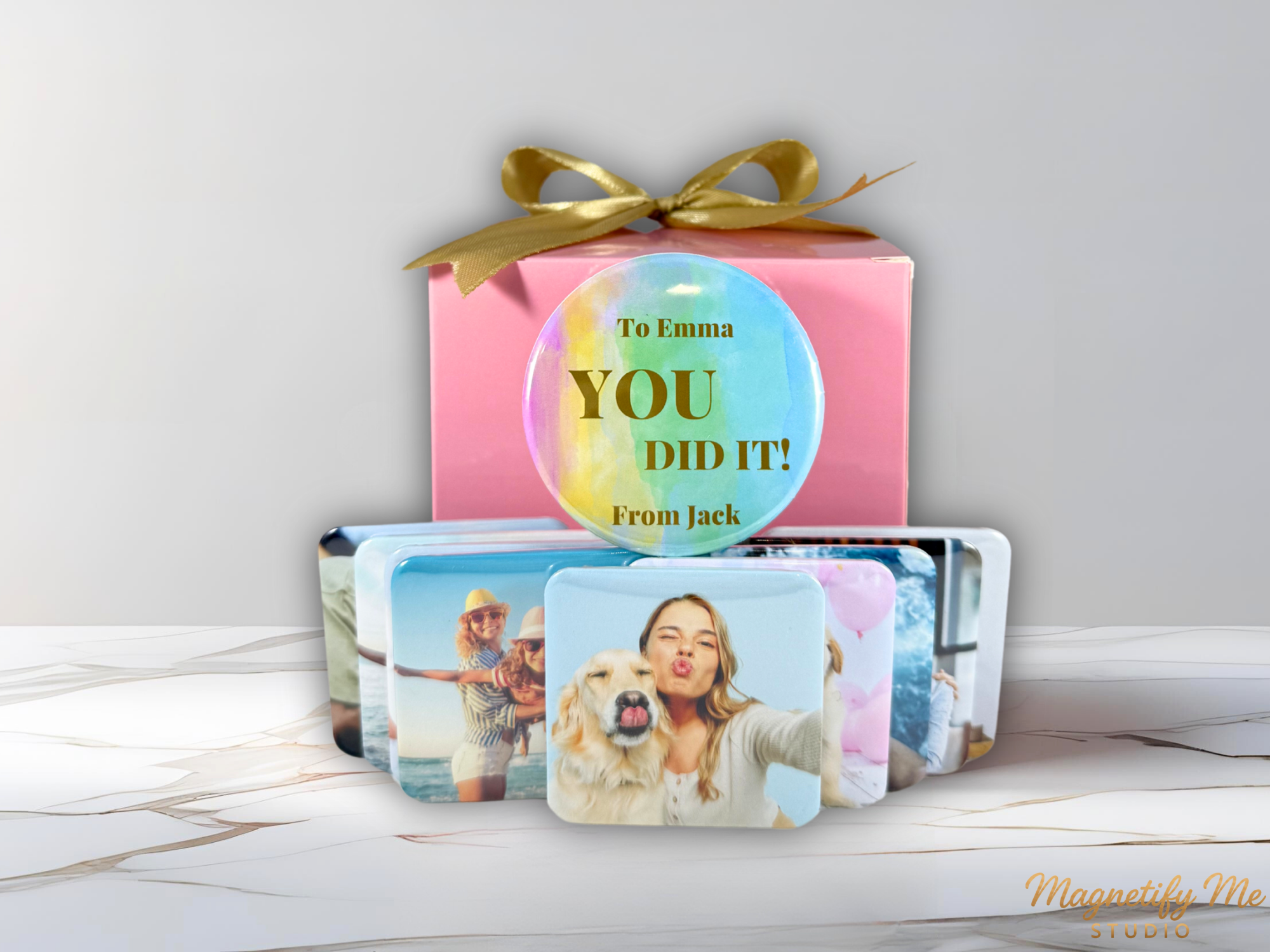 Custom Photo Magnet Gift Box – Pink Keepsake Set with Personalized Message Magnet