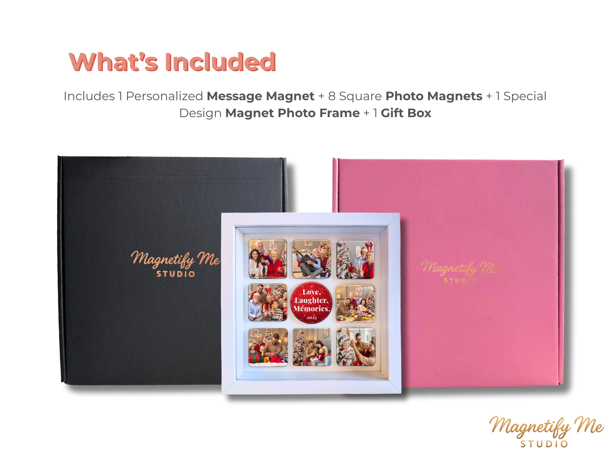 Custom Square Photo Magnet Gift Box – Personalized Message Magnet in Black/Pink Gift Box
