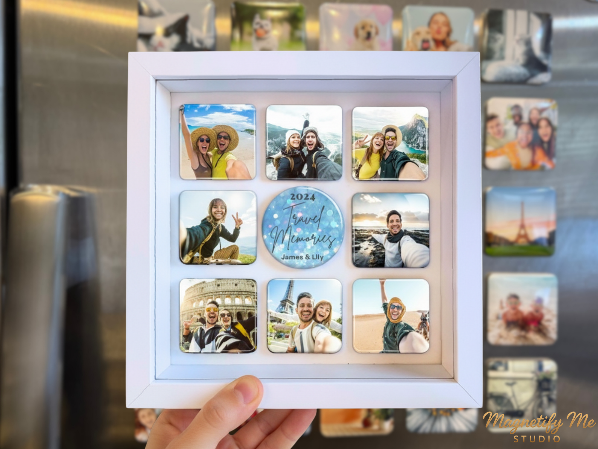 Custom Square Photo Magnet Gift Box – Personalized Message Magnet in Black/Pink Gift Box