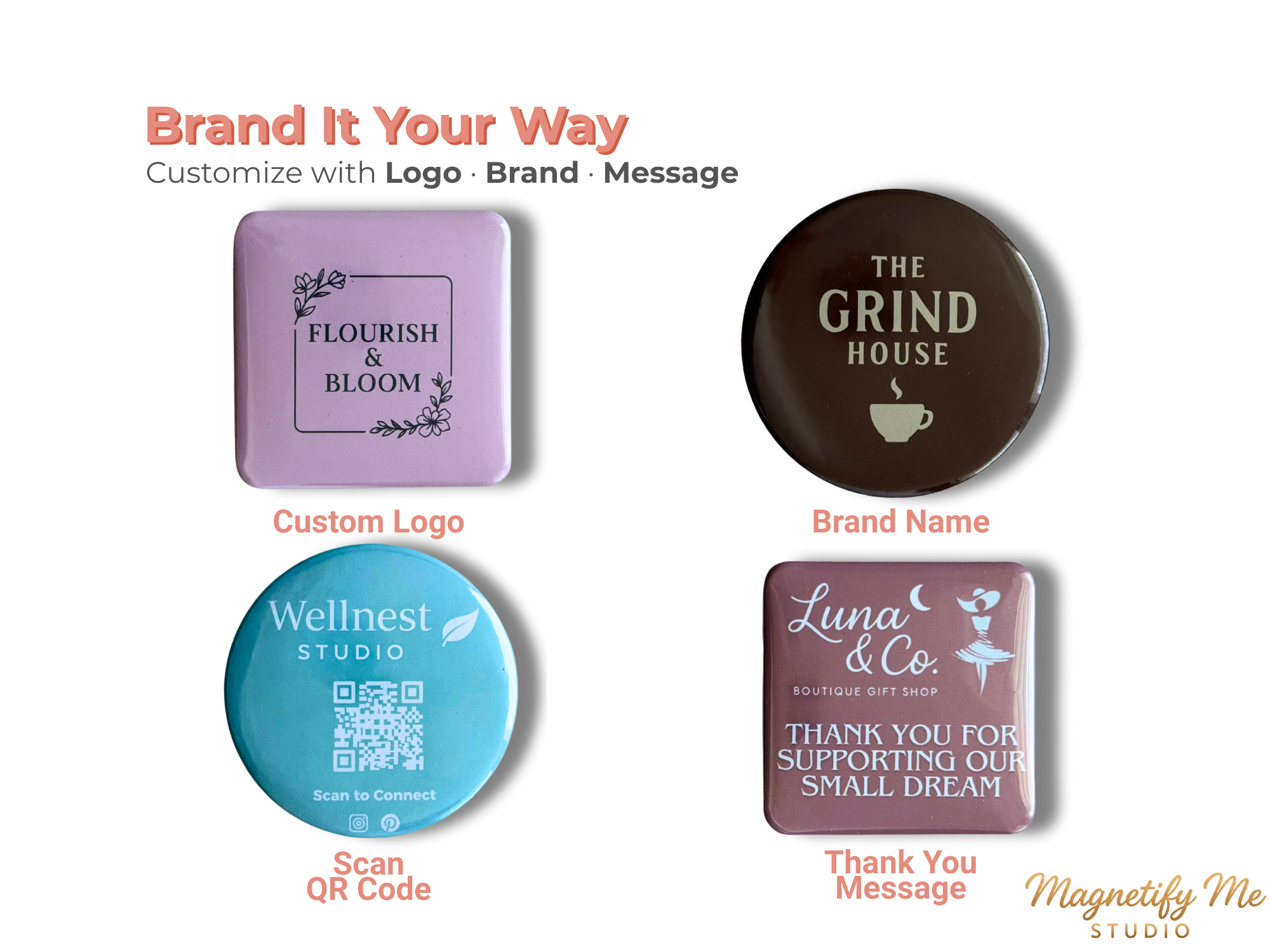 Custom Business Logo Magnets – Round, Square, or Mixed Shape – Promotional Branding Magnets