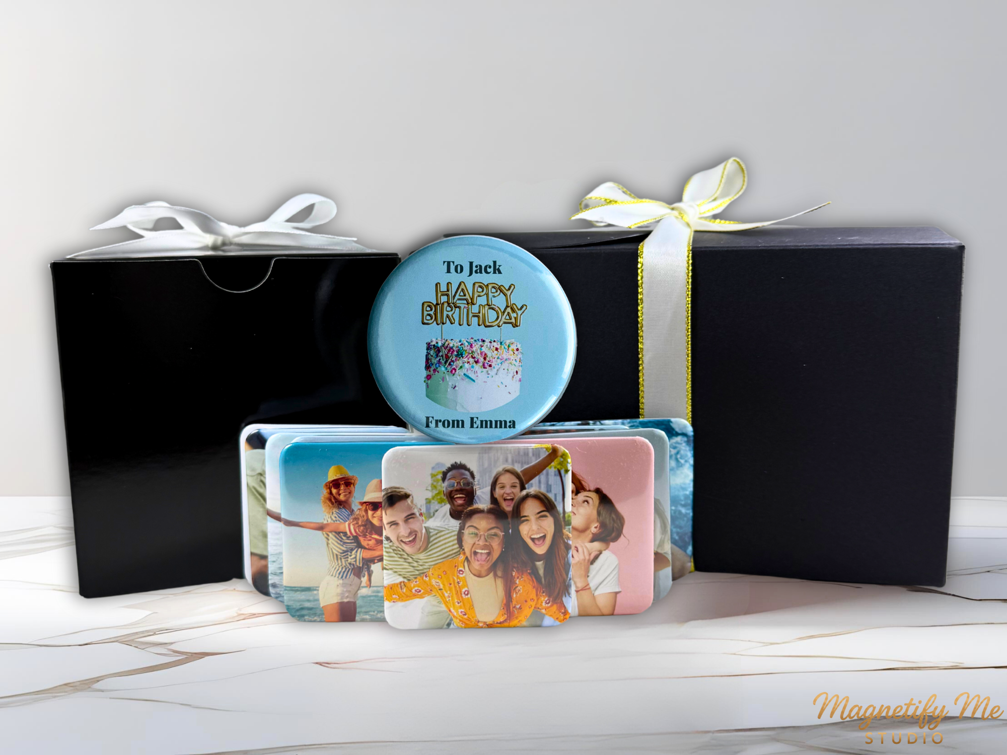Custom Square Photo Magnet Gift Box – Personalized Message Magnet in Black Gift Box