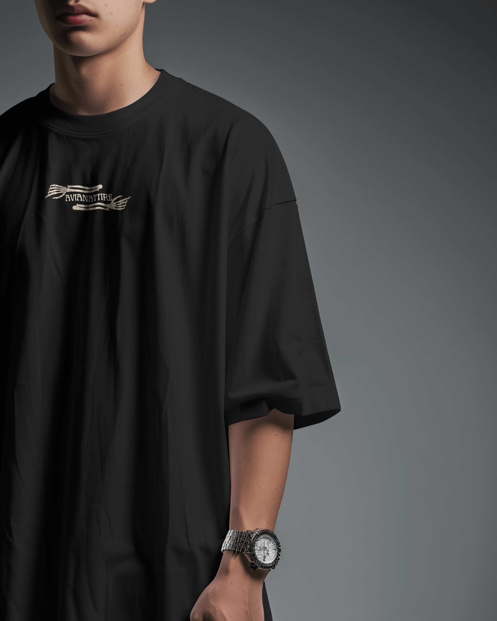 "Midnight Bone – 230 GSM Oversized Black Tee"