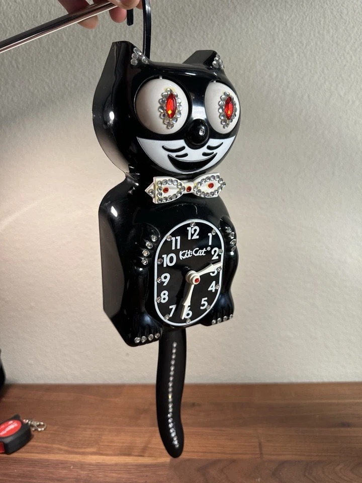 Vintage Original BLACK Jeweled Animated Kit Cat Knock Clock Works!