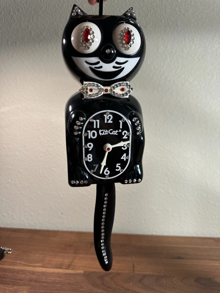 Vintage Original BLACK Jeweled Animated Kit Cat Knock Clock Works!