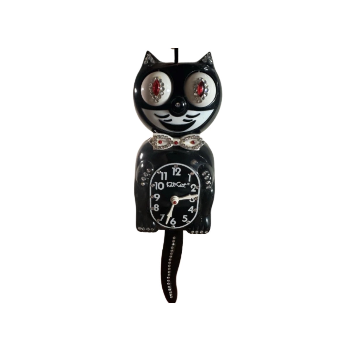 Vintage Original BLACK Jeweled Animated Kit Cat Knock Clock Works!