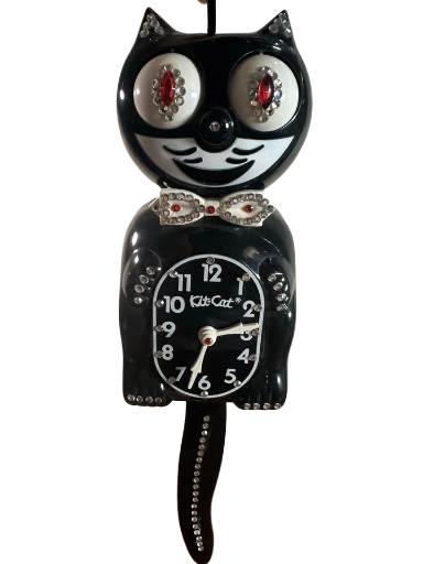 Vintage Original BLACK Jeweled Animated Kit Cat Knock Clock Works!