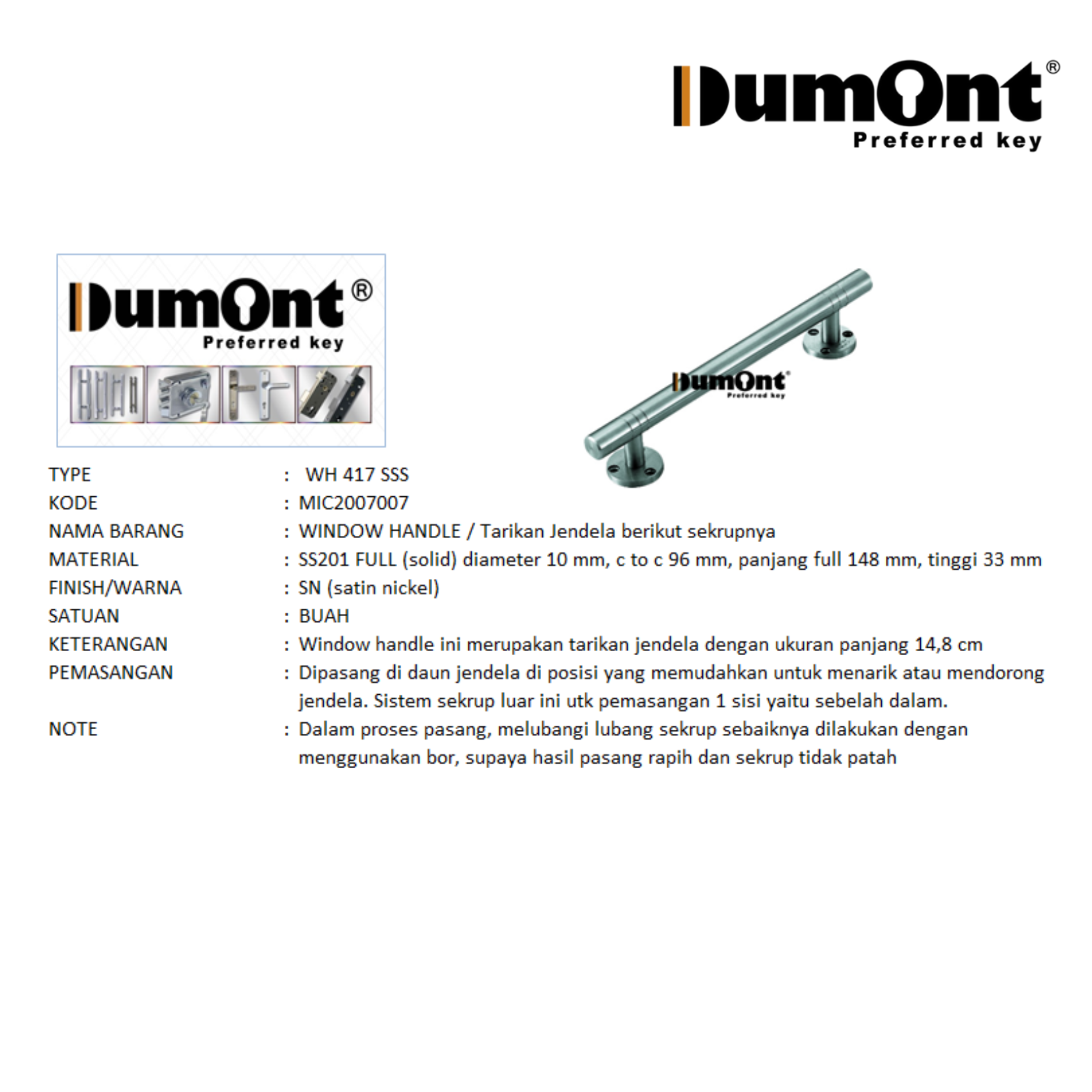 Dumont window hook WH 417 SSS tarikan jendela panjang 15 cm