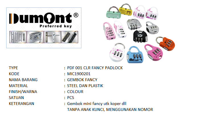 Dumont Gembok Nomor Koper Fancy PDF001 Blister Packing Model A atau B Warna Random Harga 1 Pcs