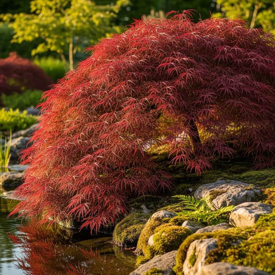 Arce Japonés Llorón 'Garnet' (Acer palmatum 'Dissectum Garnet'): Una Cascada de Color Granate