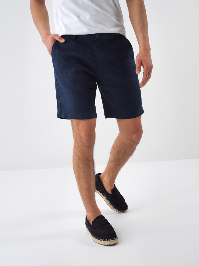 Navy Blue Regular Fit Linen Shorts
