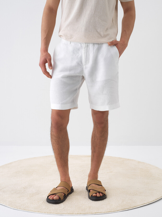 White Regular Fit Linen Shorts
