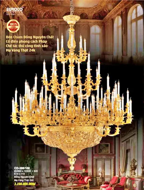 Đèn Chùm Nến Đồng Nguyên Chất Mạ Vàng 24k