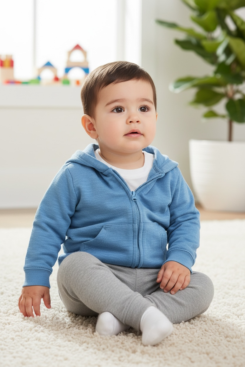Soft Light Blue Zip-Up Hoodie – Baby Boy 6M, 100% Cotton, Made in Sri Lanka