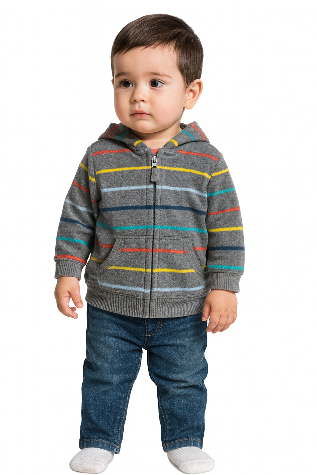Colorful Striped Zip-Up Hoodie – Baby Boy 12M, Machine Washable