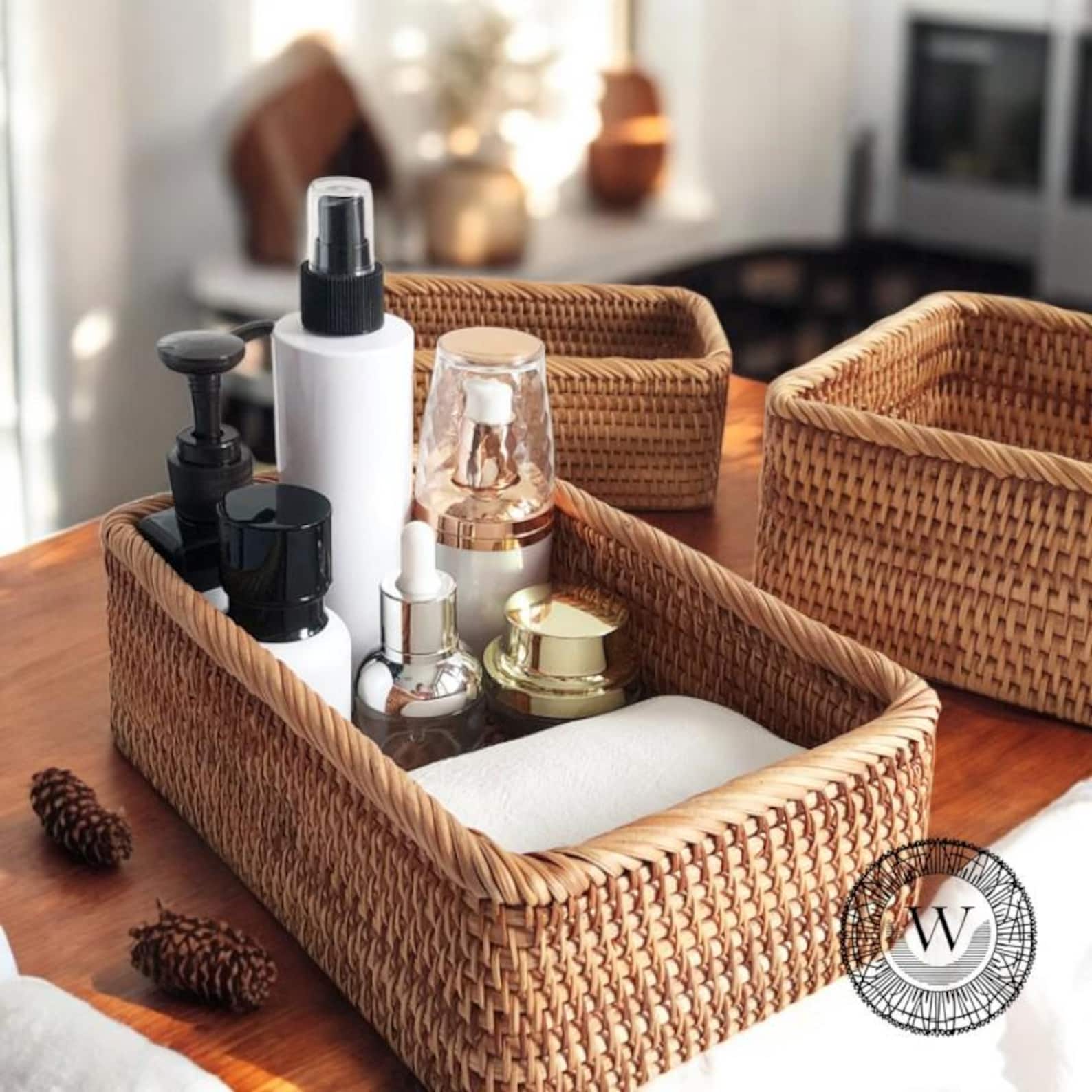 Rattan Essentials Storage Box, Rustic Tea Basket, Home Fruit Storage, Decorative Rattan Box, Stylish Decor Basket, Rustic Kitchen Organiser