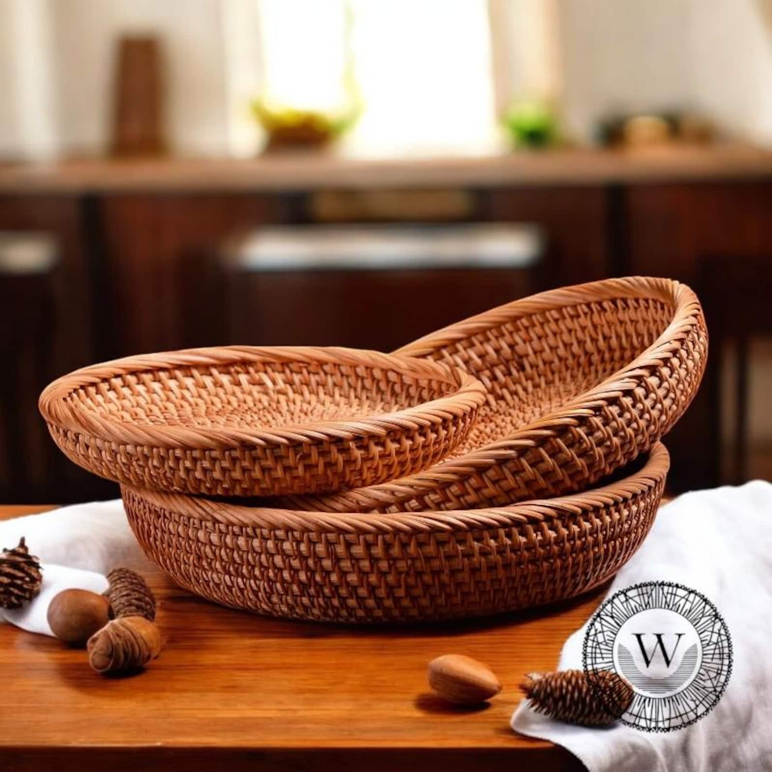 Rattan Storage Bowl, Wicker Fruit Basket, Rustic Home Storage, Snacks Storage Tray, Decorative Table Organiser, Sundries Storage
