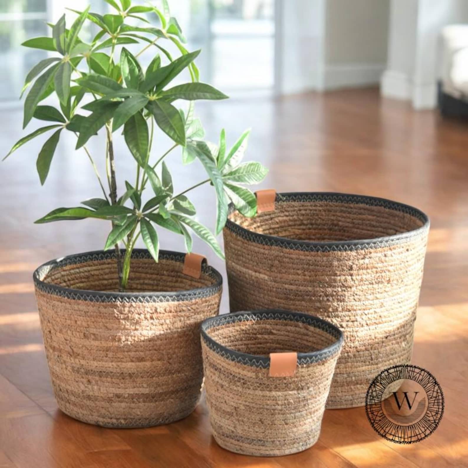 Nordic Plant Basket, Rattan Woven Basket, Round Shape Basket, Decorative Storage Basket, Aesthetic Home Decor, Rustic Storage Display