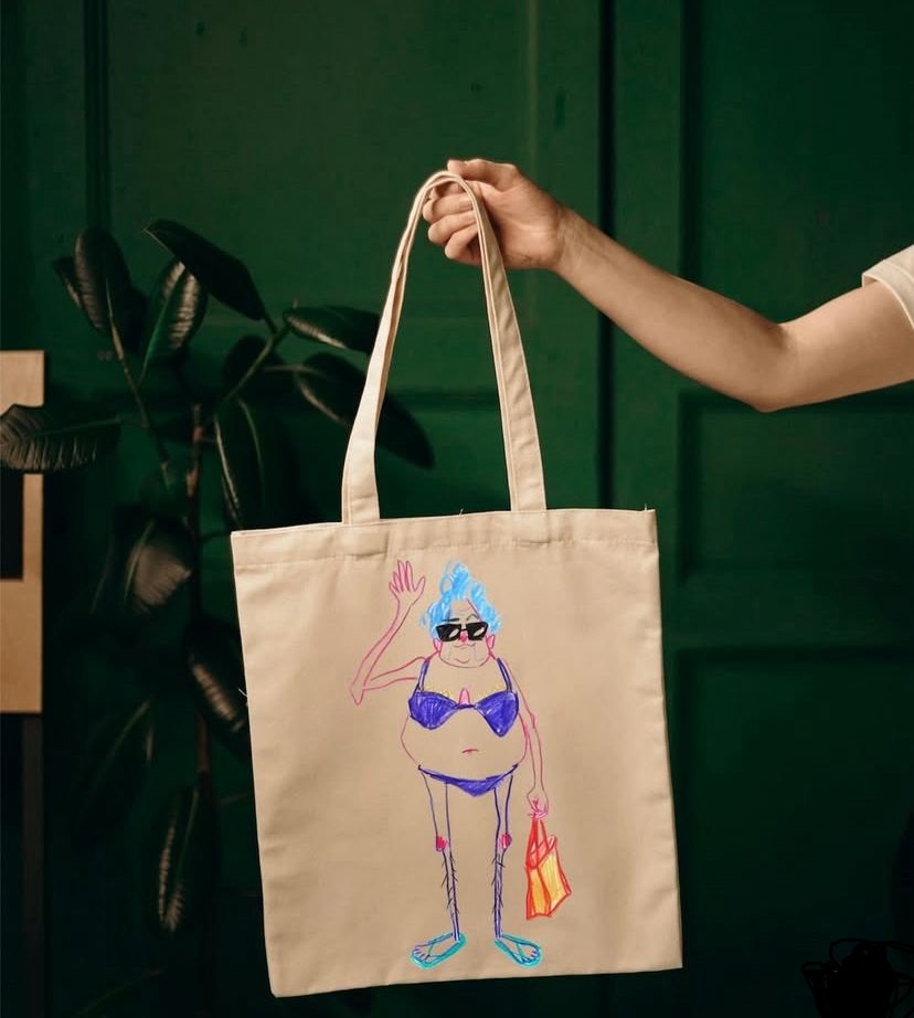 Beige Tote Bag with Beach Lady Illustration