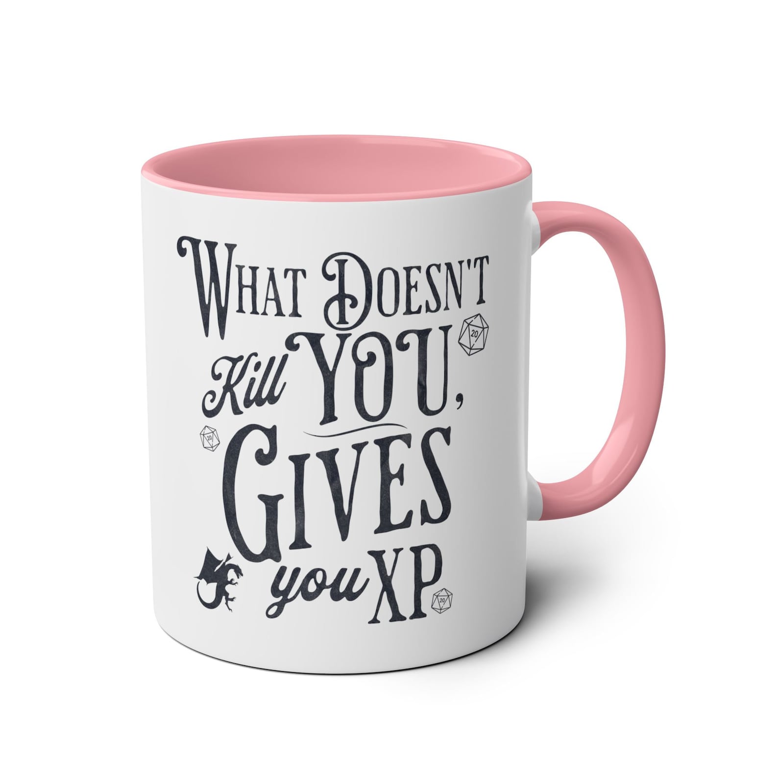 Dnd Mug What Doesn't Kill You Gives You XP, Gift for Game Master or Dungeons and Dragons RPG Player Group with d20 dice detail