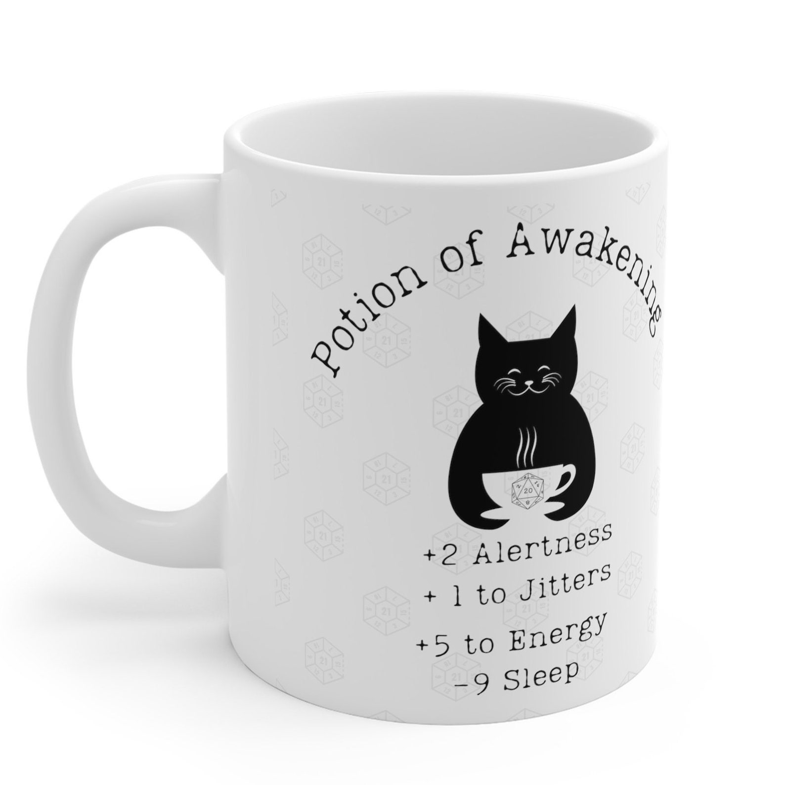DND Mug of Awakening. Cat detail holding coffee. Gift for TTPRPG gamers Dungeons, Dragons Fans DM Game Master