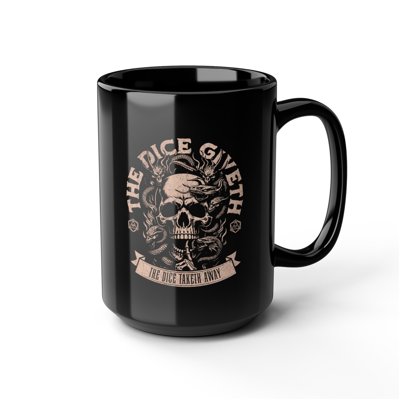 Dnd Mug The Dice Giveth Gift Cup for DM, Dungeons and dragons Players with D20 Detail. Birthday or Christmas Present. 11oz, Large 15oz