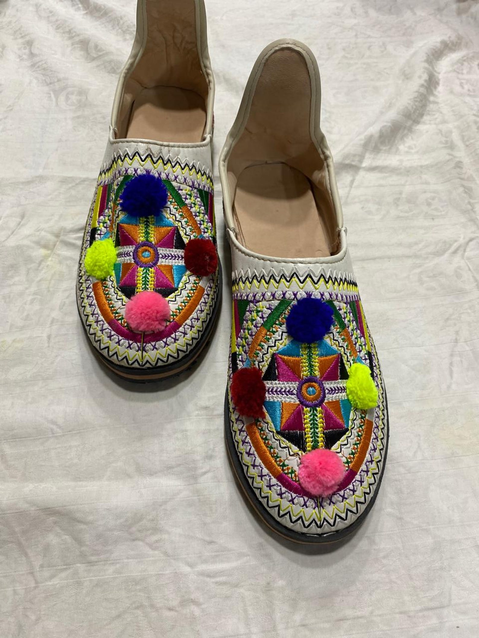 Berber Handmade Babouches Natural Leather, Hand Embroidery & Multicolored Pompoms