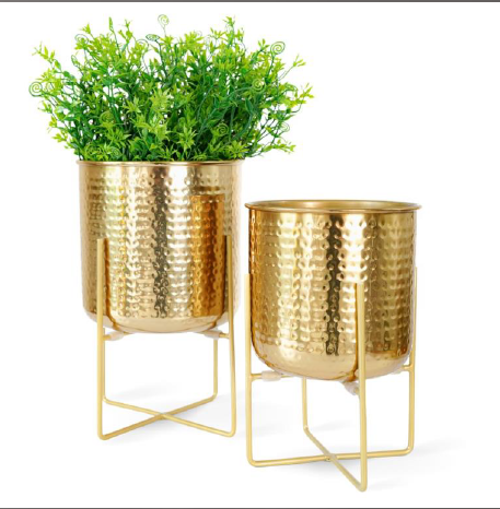 Set of Gold Metal Planters with Stands